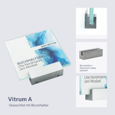 Tuerschild VITRUM A  Glasschild mit Aluhalter für Buero